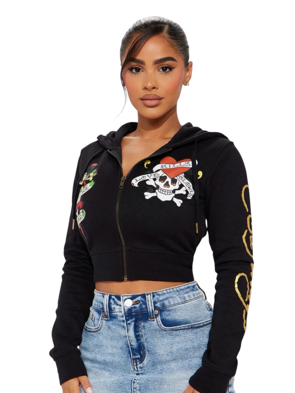 Ed Hardy Black Cropped Zip Hoodie with Skull & Banner Graphics Small